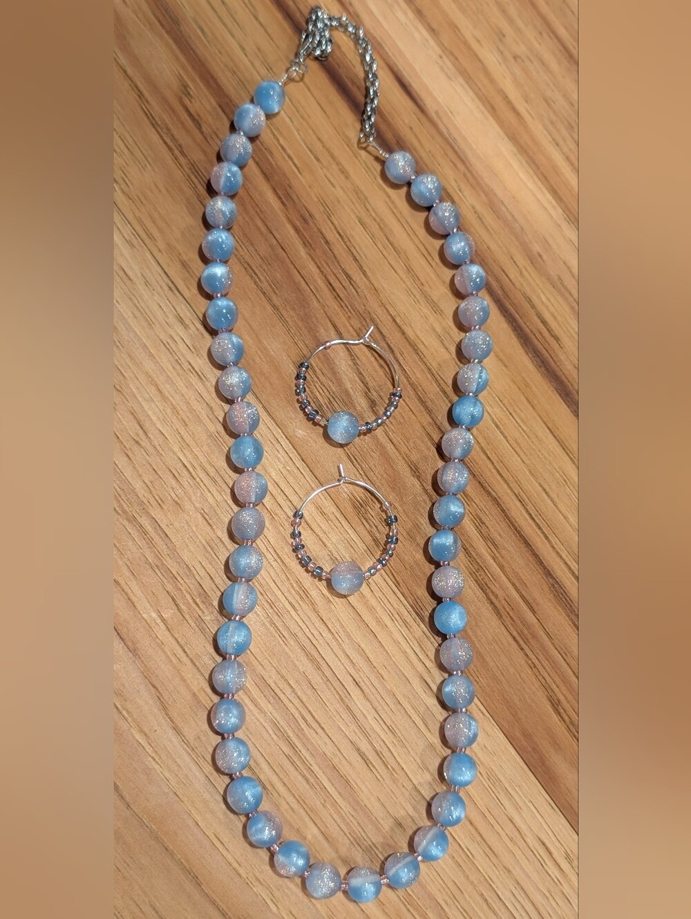Shimmery Blue & Pink Beaded Necklace and Hoop Earrings Set